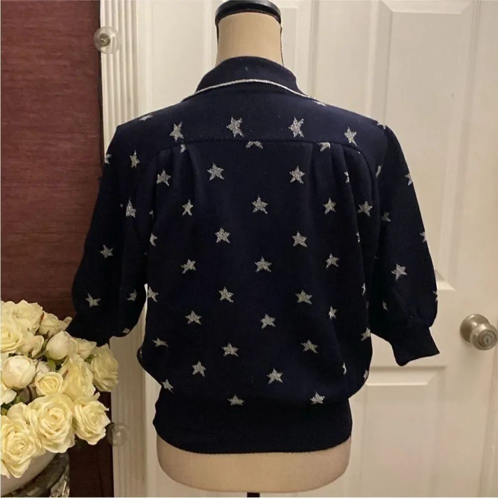 Mila Schon Navy Star Pattern Button Down  knit polo Shirt, S - Picture 7 of 12